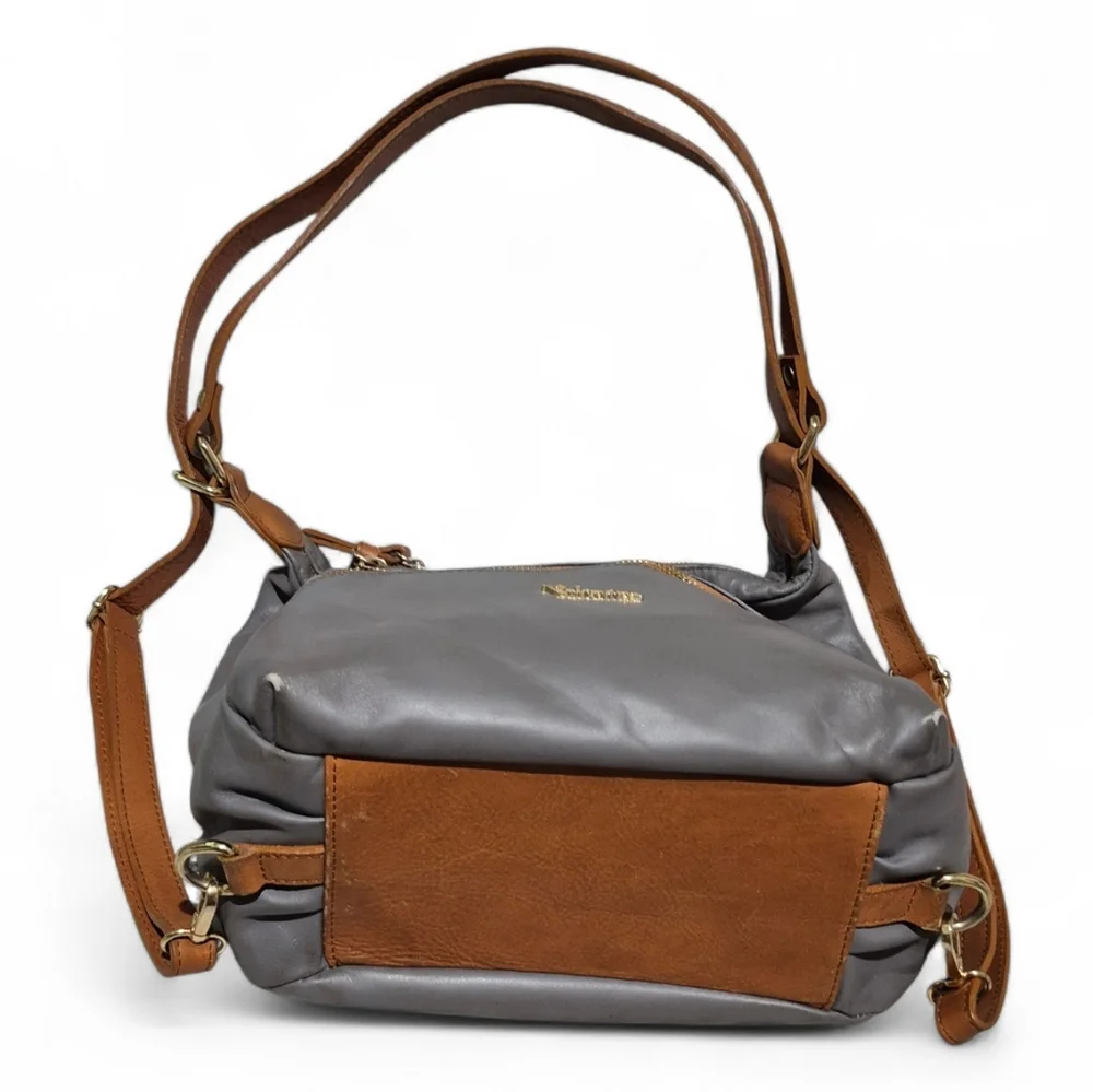 Valentina Gray Shoulder Bag with Brown Trim
